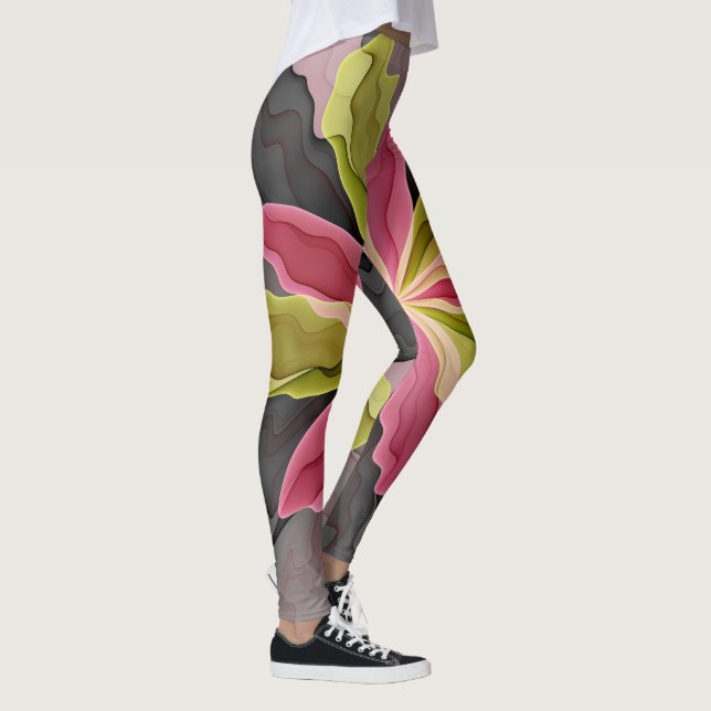 Joy, Pink Green Anthracite Fantasy Flower Fractal Leggings (Right)