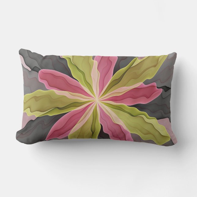 Joy, Pink Green Anthracite Fantasy Flower Fractal Lumbar Cushion (Front)
