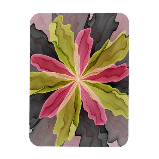 Joy, Pink Green Anthracite Fantasy Flower Fractal Magnet (Vertical)