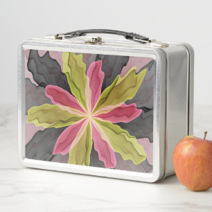Joy, Pink Green Anthracite Fantasy Flower Fractal Metal Lunch Box