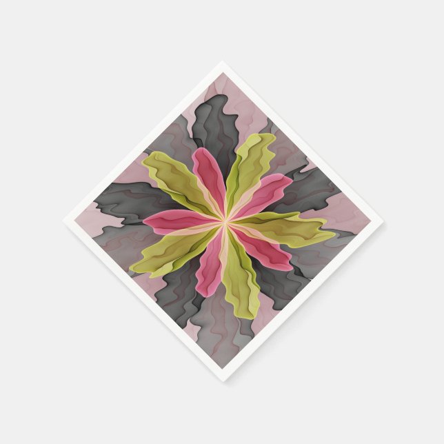 Joy, Pink Green Anthracite Fantasy Flower Fractal Napkin (Corner)