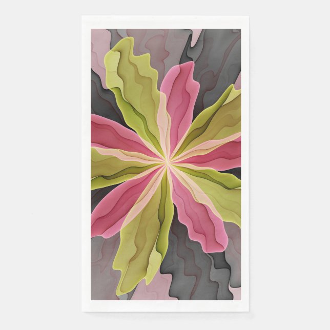 Joy, Pink Green Anthracite Fantasy Flower Fractal Napkin (Front)