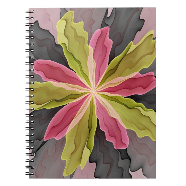 Joy, Pink Green Anthracite Fantasy Flower Fractal Notebook (Front)