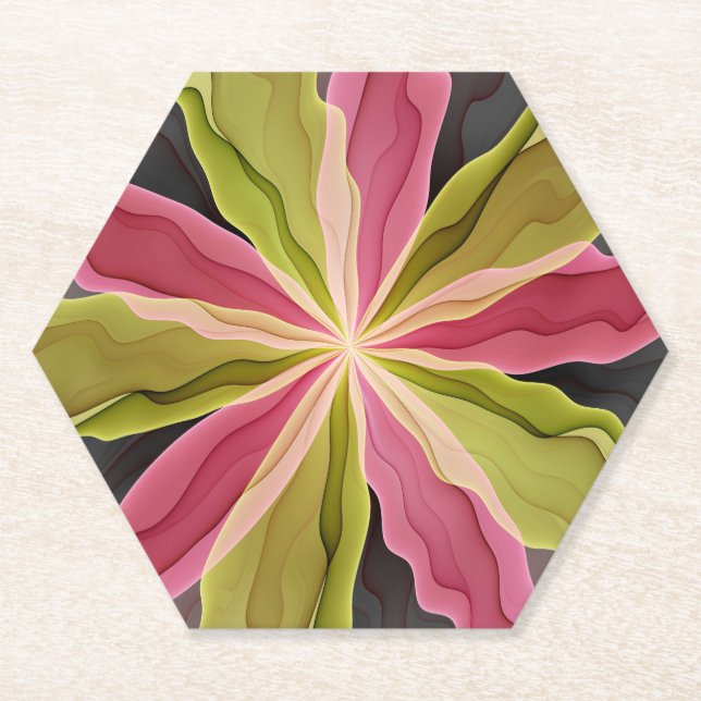 Joy, Pink Green Anthracite Fantasy Flower Fractal Paper Coaster (Front)