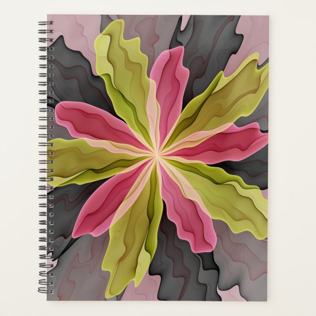 Joy, Pink Green Anthracite Fantasy Flower Fractal Planner (Front)