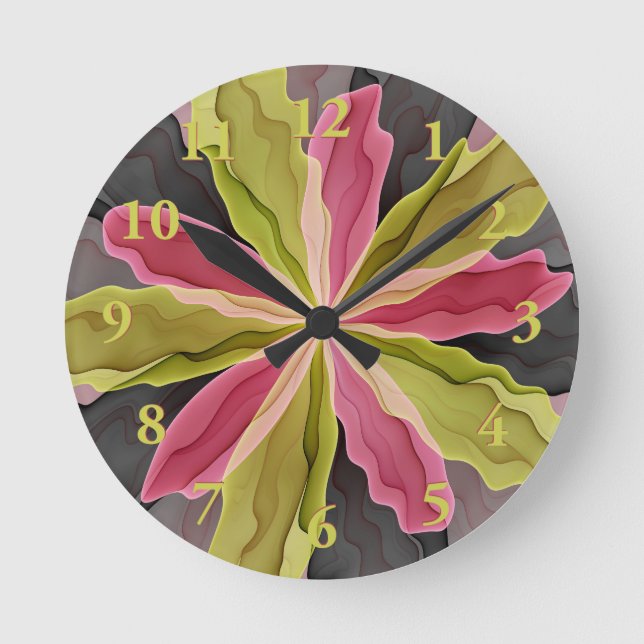 Joy, Pink Green Anthracite Fantasy Flower Fractal Round Clock (Front)