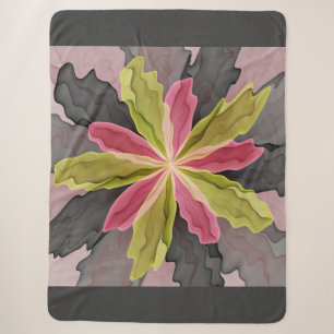 Joy, Pink Green Anthracite Fantasy Flower Fractal Sherpa Blanket