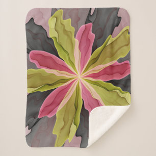 Joy, Pink Green Anthracite Fantasy Flower Fractal Sherpa Blanket