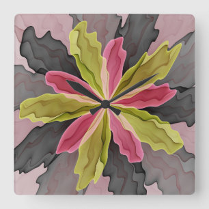Joy, Pink Green Anthracite Fantasy Flower Fractal Square Wall Clock