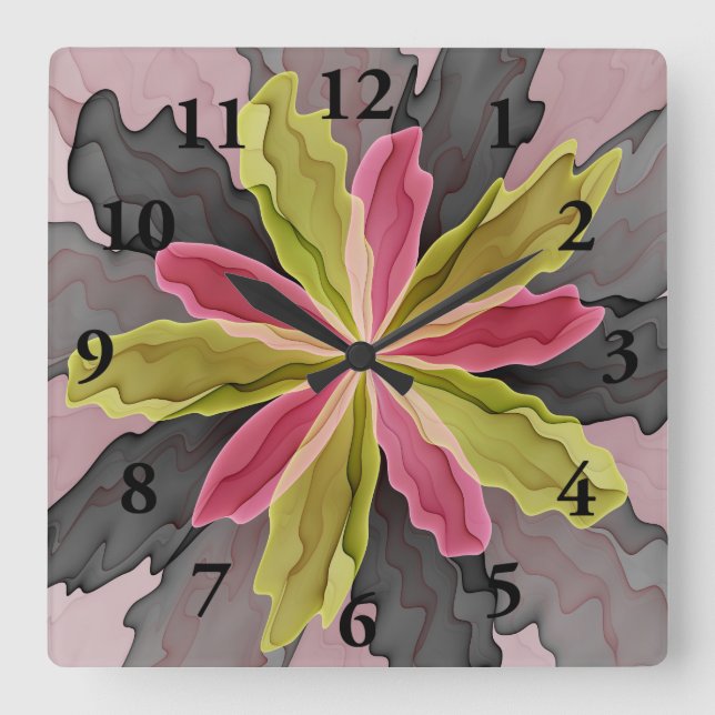 Joy, Pink Green Anthracite Fantasy Flower Fractal Square Wall Clock (Front)