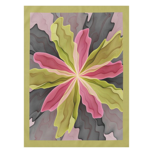 Joy, Pink Green Anthracite Fantasy Flower Fractal Tablecloth (Front)