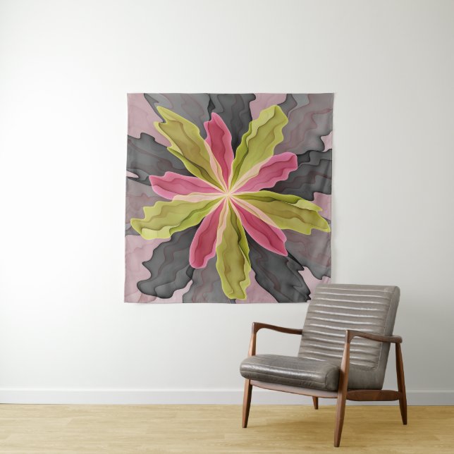 Joy, Pink Green Anthracite Fantasy Flower Fractal Tapestry (In Situ)