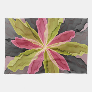 Joy, Pink Green Anthracite Fantasy Flower Fractal Tea Towel