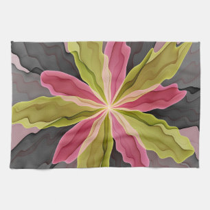 Joy, Pink Green Anthracite Fantasy Flower Fractal Tea Towel
