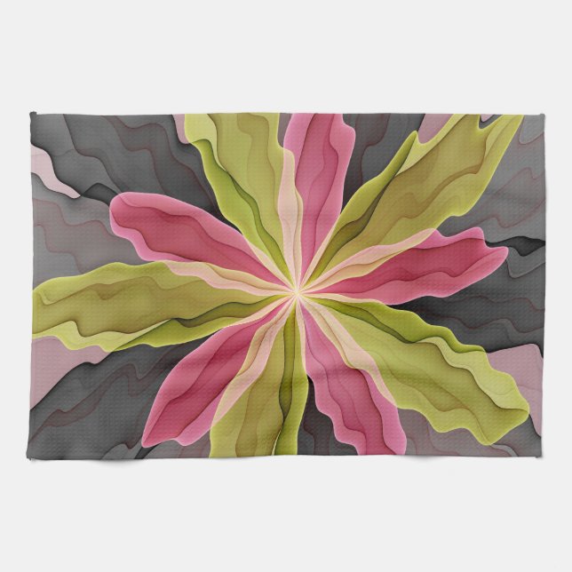 Joy, Pink Green Anthracite Fantasy Flower Fractal Tea Towel (Horizontal)