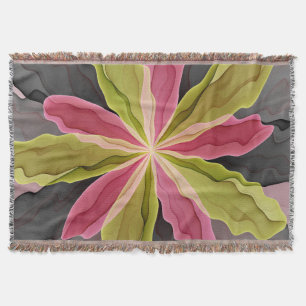 Joy, Pink Green Anthracite Fantasy Flower Fractal Throw Blanket