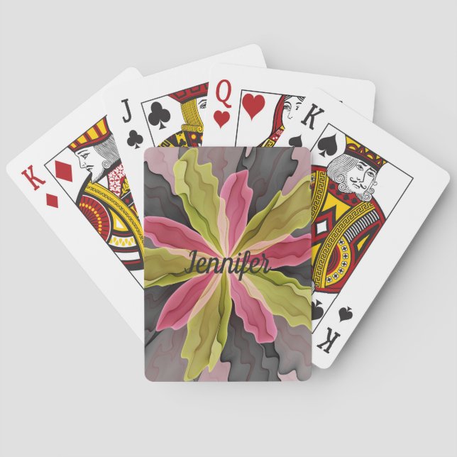 Joy, Pink Green Anthracite Fantasy Flower Name Playing Cards (Back)