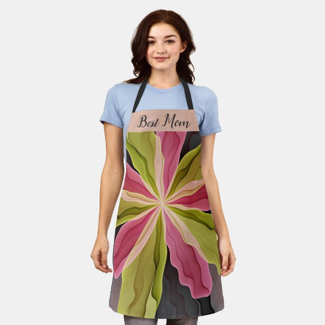 Joy, Pink Green Anthracite Flower Fractal Best Mum Apron (Worn)