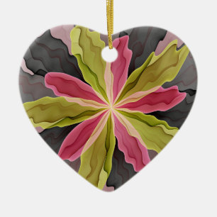 Joy, Pink Green Anthracite Flower Fractal Heart Ceramic Ornament