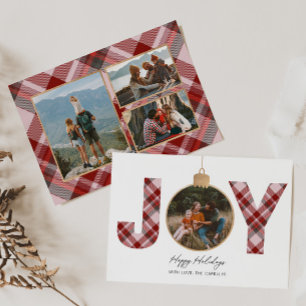 JOY Pink Plaid Multi Photo Holiday Card