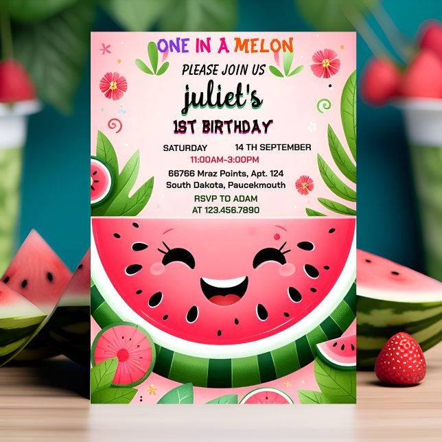 joy pink summer one in a melon first 1st birthday invitation (Creator Uploaded)