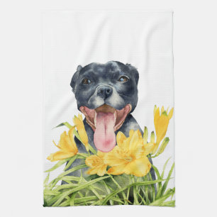 Joy   Pit Bull Terrier Dog Elegant Illustration Tea Towel