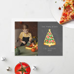 Joy Pizza Love Chalkboard Photo Holiday Card<br><div class="desc">Illustration of a Christmas tree shaped slice of pizza decorated with red and green toppings and a star on top.  Personalise the name,  year,  and photo.  Background is chalkboard inspired.</div>