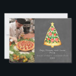 Joy Pizza Love Christmas Italian Chalkboard Photo Holiday Card<br><div class="desc">Illustration of Christmas tree shaped pizza slice topped with stars.  Background is chalkboard inspired. Personalise the name,  year,  and photo.</div>