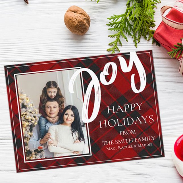 Joy | Plaid | Personalized Photo Flat Holiday Card (Creator Uploaded)