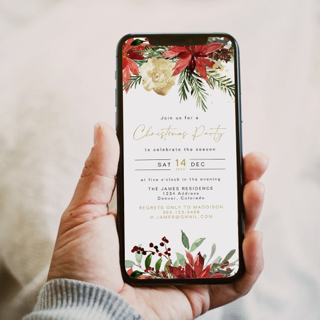 JOY Poinsettia Red Floral Holiday Party Invitation (Creator Uploaded)
