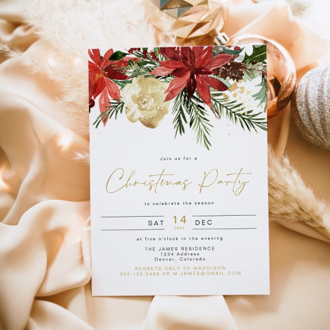 JOY Poinsettia Red Floral Holiday Party Invitation (Creator Uploaded)