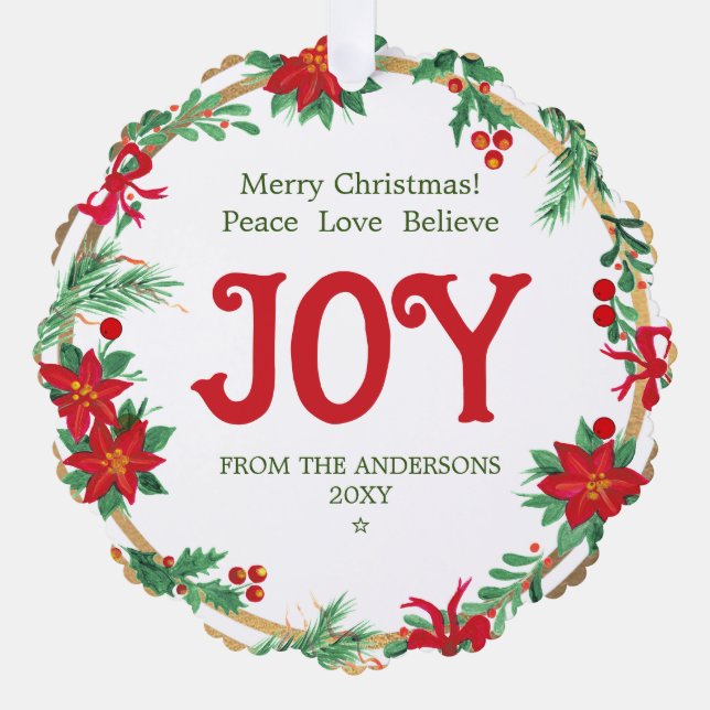 Joy Poinsettia Wreath Botanical Elegant Christmas Tree Decoration Card (Front)