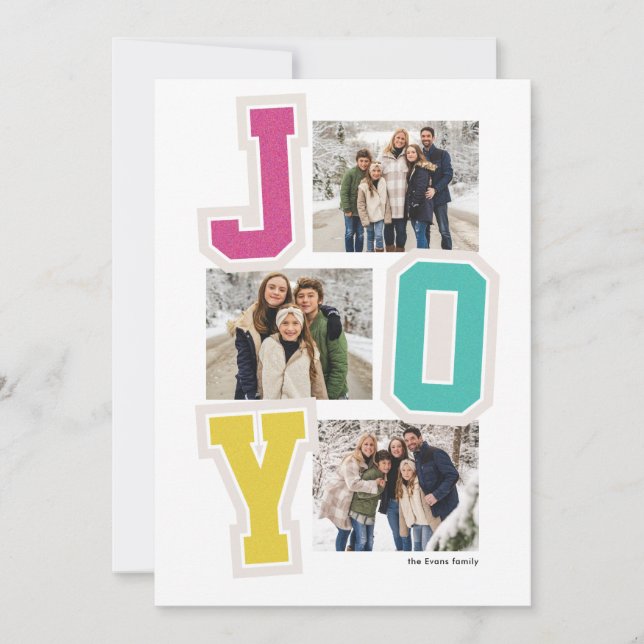 Joy preppy patches fun pink three photo Christmas Holiday Card (Front)