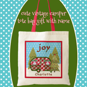 Joy Red and White Vintage Camper Trailer Holiday Tote Bag