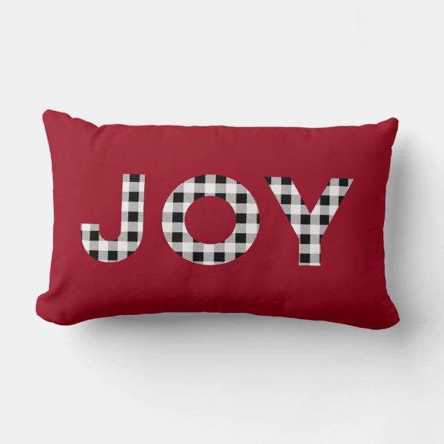 Joy Red Buffalo Plaid Holiday Throw Pillow (Front)