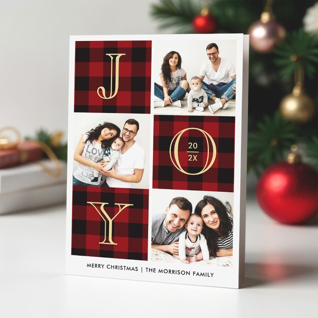 JOY | Red Buffalo Plaid Photo Collage Holiday Card (Creator Uploaded)