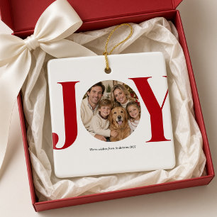 Joy Red Family Christmas Photo Ceramic Ornament