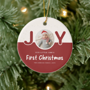 Joy Red Photo Keepsake Baby First Christmas Ceramic Ornament