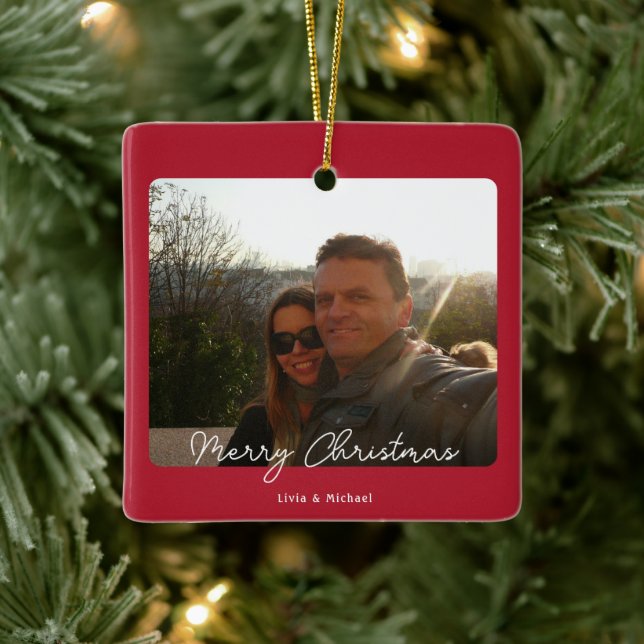  Joy Red Photo Merry Christmas Ceramic Ornament (Tree)