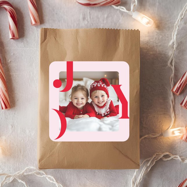 JOY | Red & Pink Modern Christmas Photo Square Sticker (Creator Uploaded)