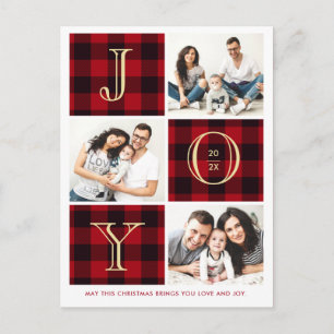 JOY   Red Plaid Photo Collage Christmas Holiday Postcard