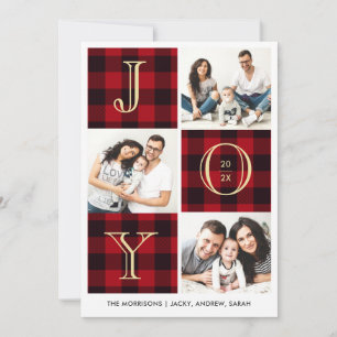 JOY   Red Plaid Photo Collage Holiday Card
