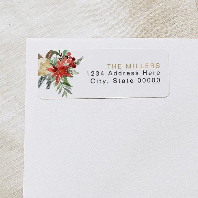 JOY Red Poinsettia Christmas Floral Return Address Label (Creator Uploaded)