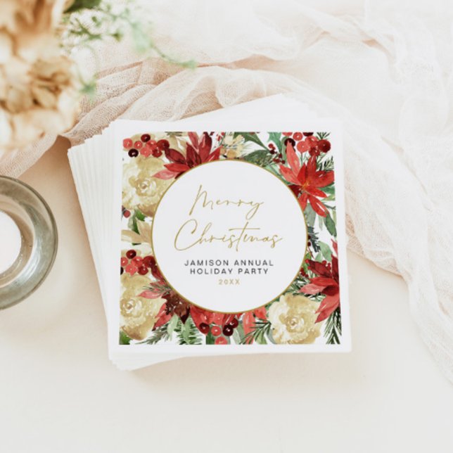 JOY Red Poinsettia Christmas Party Decor Napkin (Creator Uploaded)