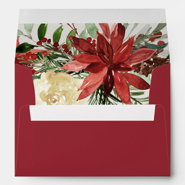JOY Red Poinsettia Floral Holiday Rustic Winter  Envelope (Back (Bottom))