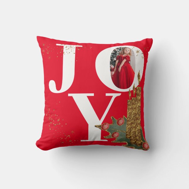 Joy Red Sparky Christmas Candles Photo Cushion (Front)