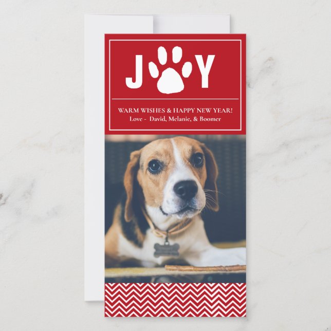 Joy Red & White Chevron Pet Photo Card (Front)