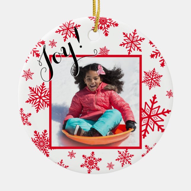 Joy! Red & White Snowflakes Round Christmas Photo Ceramic Ornament (Front)