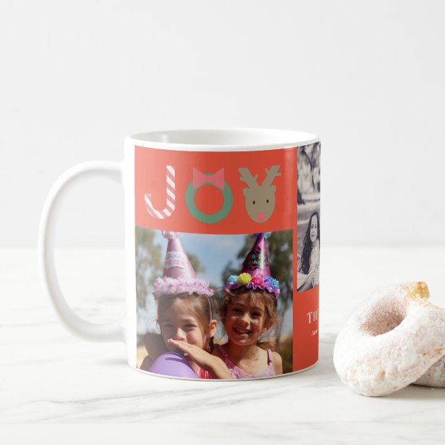JOY Reindeer 3 Photo Collage Christmas Holiday Red Coffee Mug (With Donut)