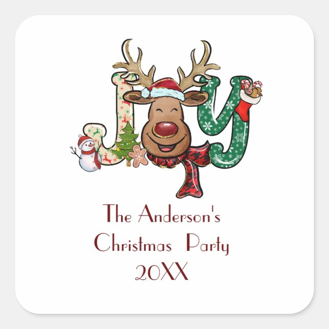 Joy Reindeer Fun Christmas Holiday Party    Square Sticker (Front)